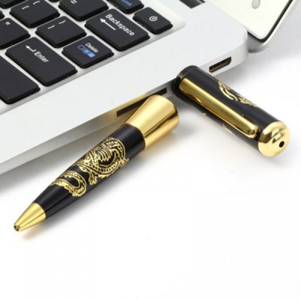 2-in-1 USB 2.0 32GB U Disk Golden Dragon Ballpoint Pen Shape Memory Stick